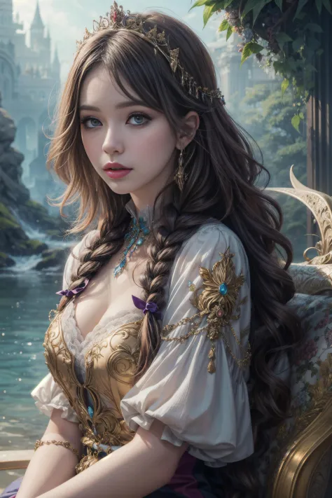 ((Best quality)), ((masterpiece)), ((realistic)), (highly intricate details), (Camilla d'Errico:1.4), very beautiful woman, vibrant digital illustration, flowing lines, vibrant colors, dreamlike, fantasy, background in traditional art, short hair, fishtail...