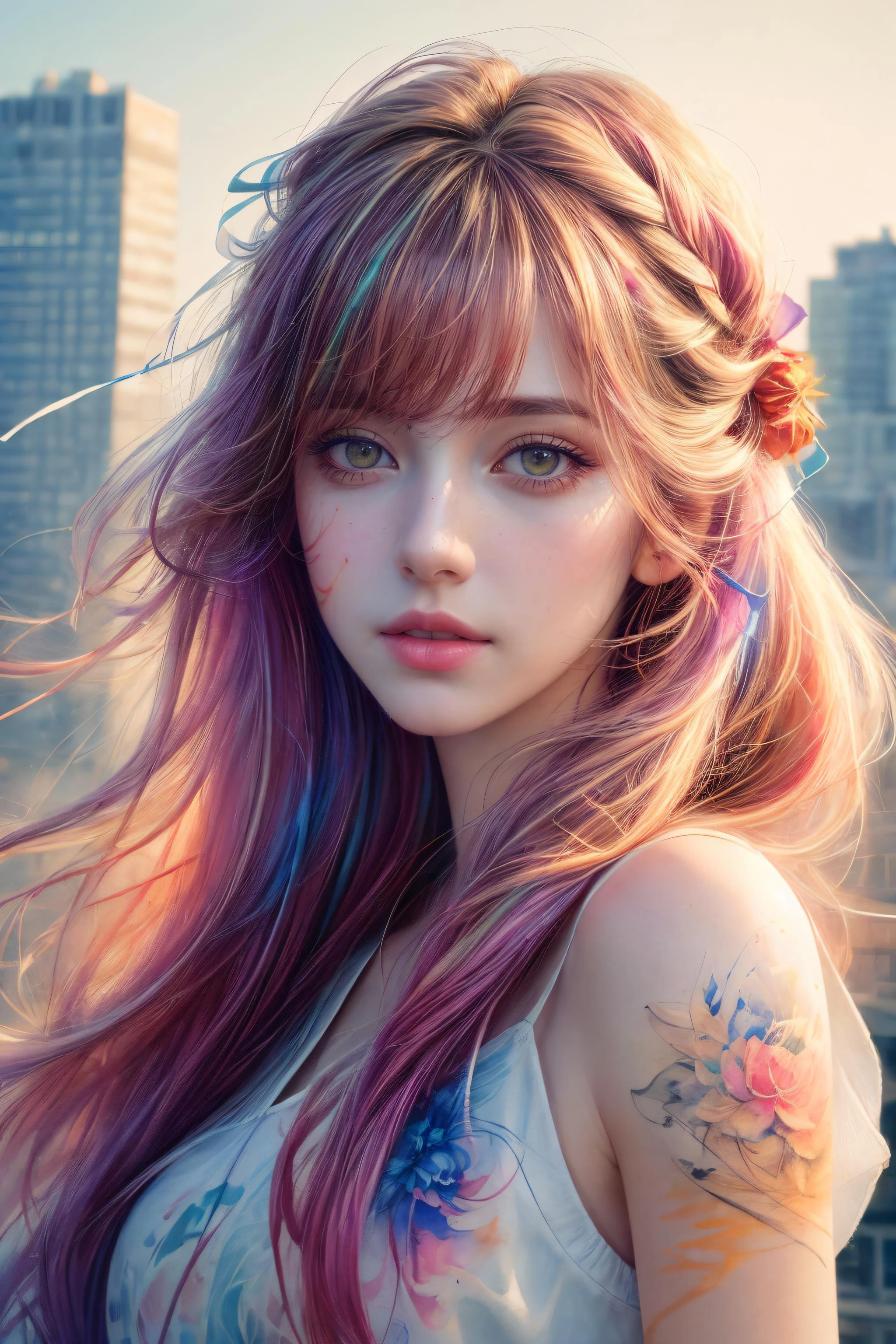 ((Best quality)), ((masterpiece)), ((realistic)),background tall building graffiti,((8k, best quality, masterpiece:1.1)),(best quality:1),(ultra highres:1),watercolor,a beautiful woman,hair ribbons,by agnes cecile,half body portrait,extremely luminous bright design,pastel colors,(ink:1.3),autumn lights,,