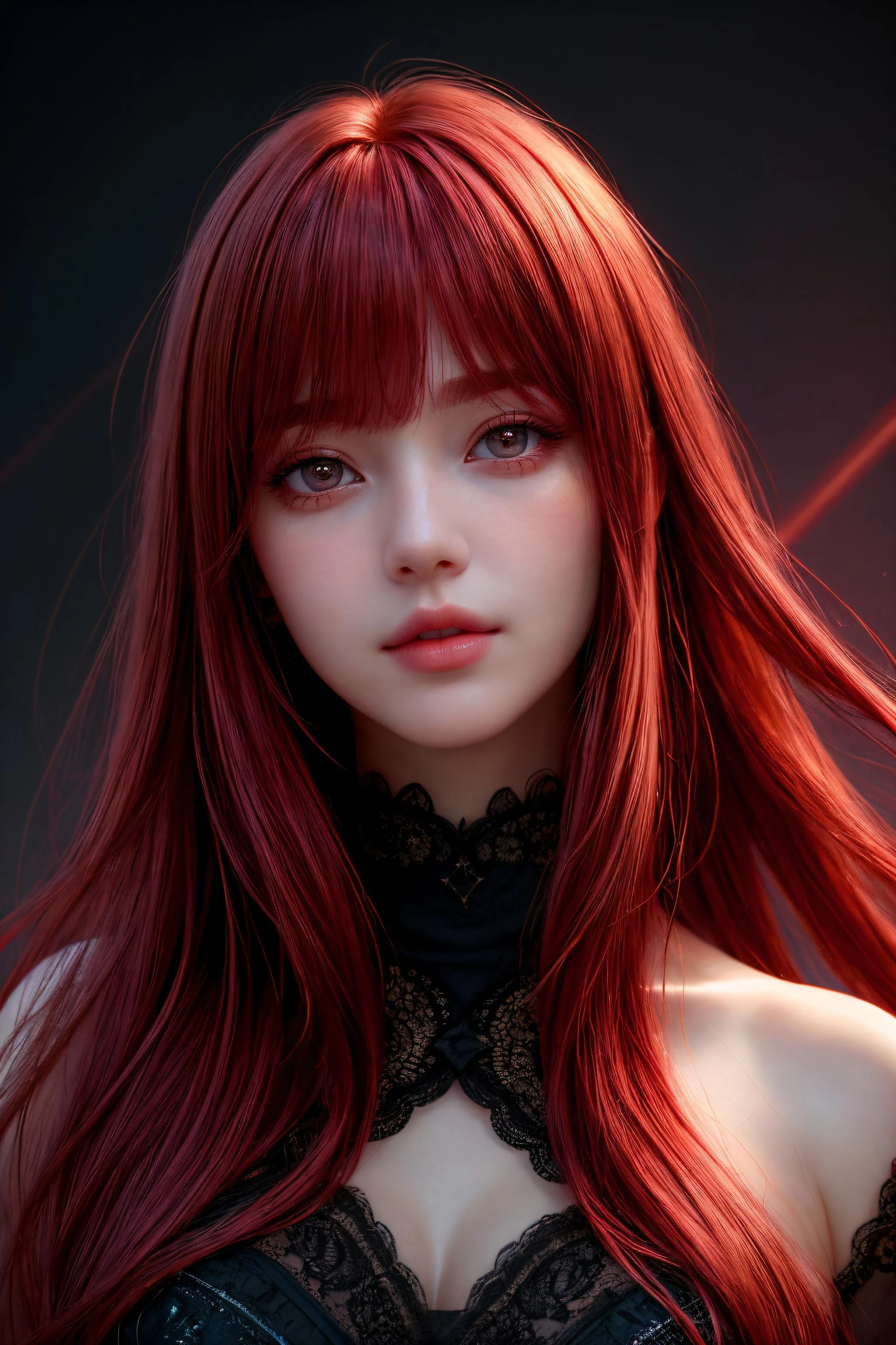 ((Best quality)), ((masterpiece)), ((realistic)), (hyperrealism:1.2), 1girl, star eye, blush, perfect illumination, red hair, red eyes, unreal engine, sidelighting, detailed face, bangs, bright skin, simple background, dark background,