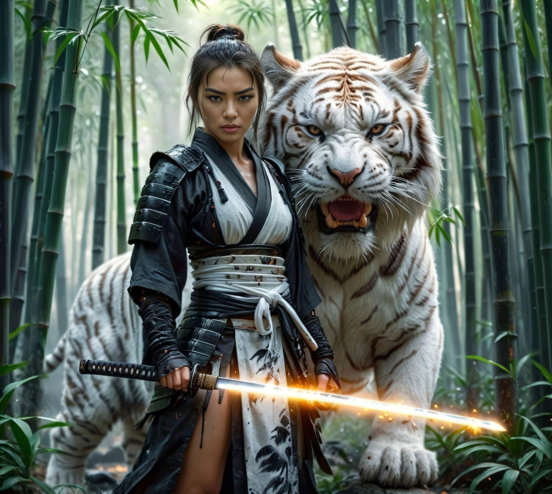 peinture à l&#39;huile réaliste, Samouraï féminin vêtu de noir tenant un katana magique et brillant, debout à côté de son tigre blanc en colère au milieu d&#39;une forêt de bambous blancs, UHD, 8k, détails fous, 