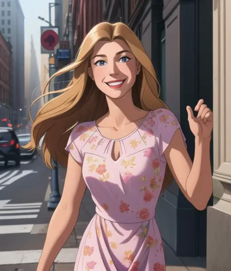 cartoon aesthetic, half body portrait, professional headshot, MarileeSD15, wearing a floral maxi dress, standing and posing in a busy city street in new york city, medium close up, sharp focus, simple art, 4k textures, even lighting, well lit, rich colors, looking at viewer, body facing camera, straight on shot, beatific smile, joyous grin, hair blowing in the wind, windswept hair