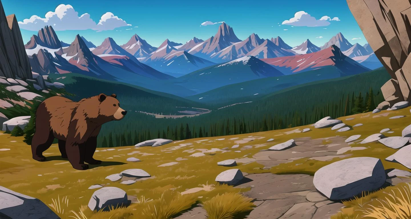 HDR профессионально иллюстрированный широкоугольный пейзаж, Отмеченный наградами пейзажный мультфильм о национальном парке Роки Маунтин, мультяшный медведь на переднем плане, дневной свет, 8к текстуры, 4к текстуры, острый фокус, равномерное освещение, хорошо освещенный, безумные подробности, сложные детали, гипердетализированный, насыщенные цвета, высокий контраст
