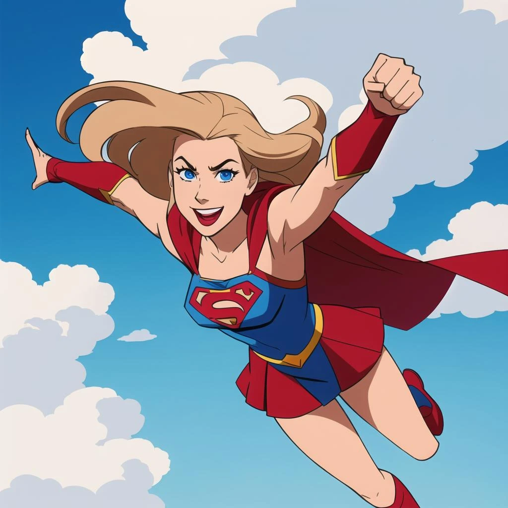full body portrait, college age supergirl, wearing a supergirl costume and long red cape flying through the clouds, flying horizontal with fist outstretched, happy smile, clouds and blue skies background, flying at high speed, action shot, 1girl with long dark_blonde hair and small breasts, square jaw and  figure, 4k textures, epic artistic, cartoon art, saturday morning cartoon aesthetic, sharp focus, even lighting, insane details, intricate details, hyperdetailed, rich colors, staring at viewer, looking into camera