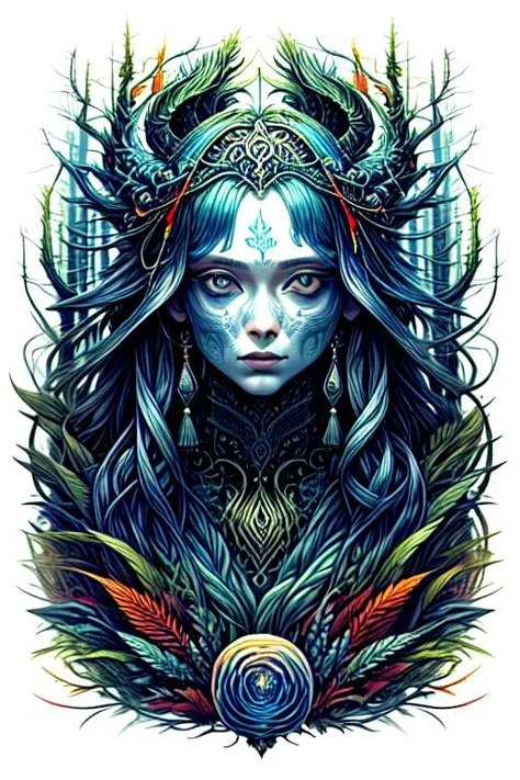 woman in a mythical forest, masterpiece, perfect face, intricate details, horror theme <lora:xk3mt1ks_sd1:1> in the style of xk3mt1ks, colorful, over white background