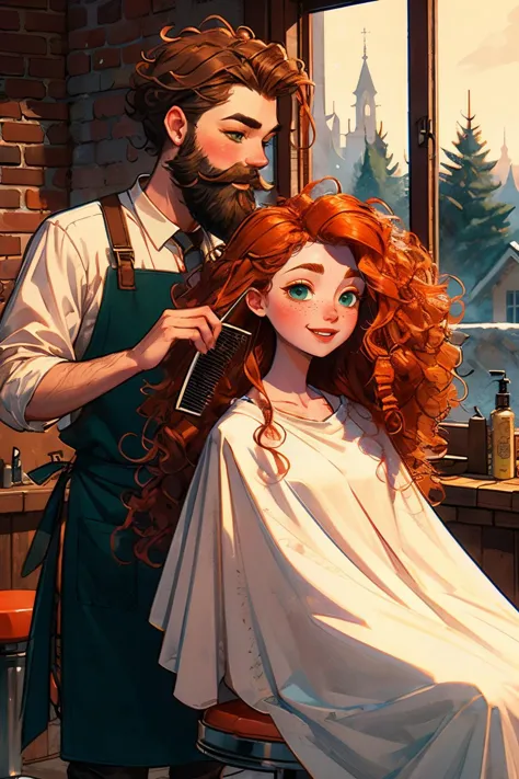 there is a man getting his hair cut by a woman