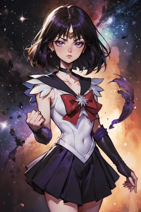 EPsmSailorSaturn, Les cheveux cours et noirs, yeux violets, foulard, uniforme violet de marin senshi, arc rouge, jupe violette, gants de coude blancs, regarder le spectateur, sérieux, pose de combat, poings, espace, étoiles, galaxie, Haute qualité, chef-d&#39;œuvre,  