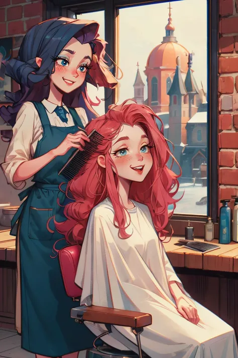 closeup, retro barbershop,two people, (a standing mature curly hair woman with apron holds a comb), combing, girl in white cloth...