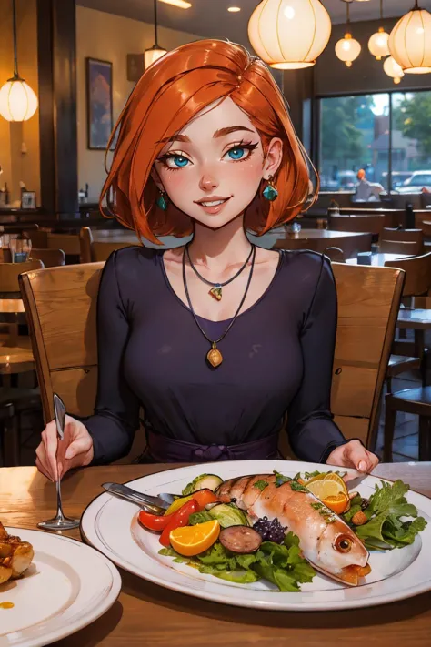 anime girl sitting at a table with a plate of food