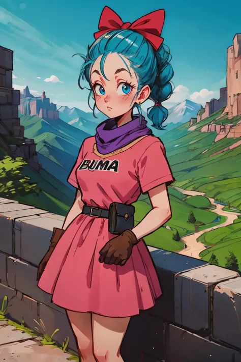 bulma, blue eyes, blue hair, braid, red hair bow, pink dress, purple scarf, clothes writing, belt, gloves, looking at viewer, serious, standing, outside, canyon, mountains, blue sky, high quality, masterpiece, <lora:DB_Bulma_v1:.8>