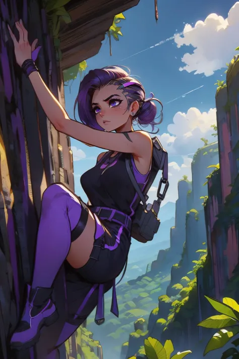 climbing, hands on cliff, sweat, sky, jungle, canyon, blue sky, high quality, masterpiece  <lora:girllikefreesoloclimbing:.8>
sombra,purple hair,4 purple eyes, tan skin, black tank top, cargo pants, boots, harness, looking serious, blush, <lora:owsombrav2p:.6>