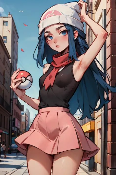 Pokémon do amanhecer, cabelo azul comprido, olhos azuis, gorro, grampo, Camisa preta, sem mangas, Saia rosa, cachecol vermelho, Olhando para o visualizador, Sério, de pé, segurando pokebola, fora, cidade, Rua, céu azul, alta qualidade, obra de arte 