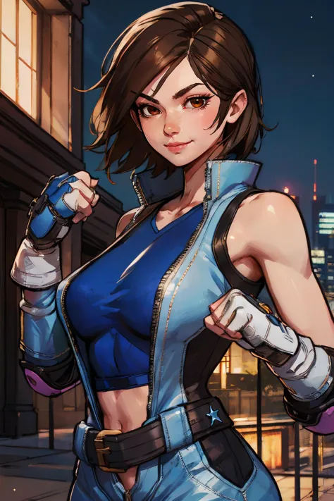 AsukaT7, brown eyes, short brown hair, fingerless gloves, elbow pads, jumpsuit, blue crop top, navel, belt, looking at viewer, serious, smirk, fighting pose, outside, building roof, cityscape, night time, high quality, masterpiece, 
<lora:AsukaT7:.8>