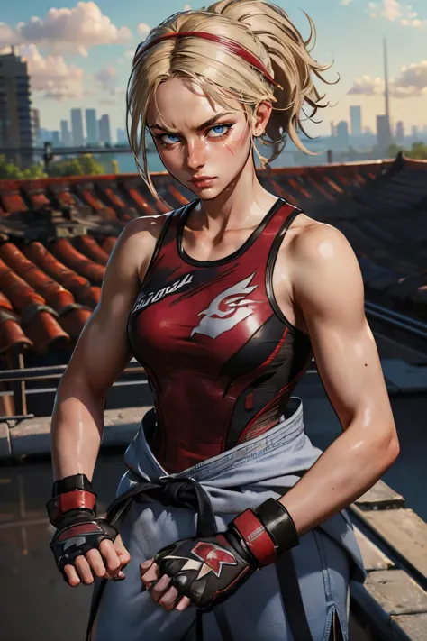 LidiaSobieska, blue eyes, blonde hair, scar on face, ponytail, fingerless gloves,red hairband,black karate belt,clothes around waist,white dougi pants, red tank top, looking at viewer,serious, fighting pose, outside, cityscape, building roof, overcast, high quality, masterpiece <lora:lidia:.7>