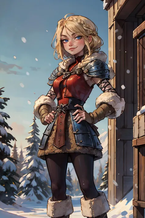 astridWaifu, yeux bleus,cheveux blonds courts, cheveux tressés, armure, collants,regarder le spectateur, sérieux, petit sourire satisfait, debout, Mains sur les hanches, dehors, parc, neige, hiver, ciel bleu, Haute qualité, chef-d&#39;œuvre, 