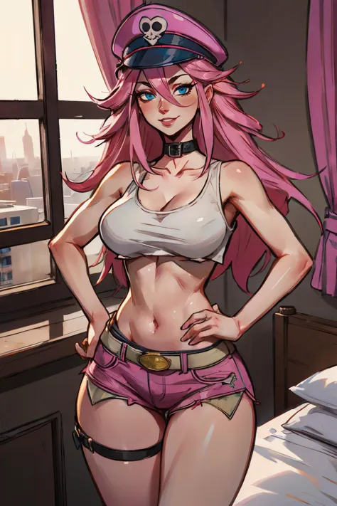 poison,long pink hair, blue eyes,white crop top, pink hat with skull, large breasts, single elbow glove, single thighhigh, colla...
