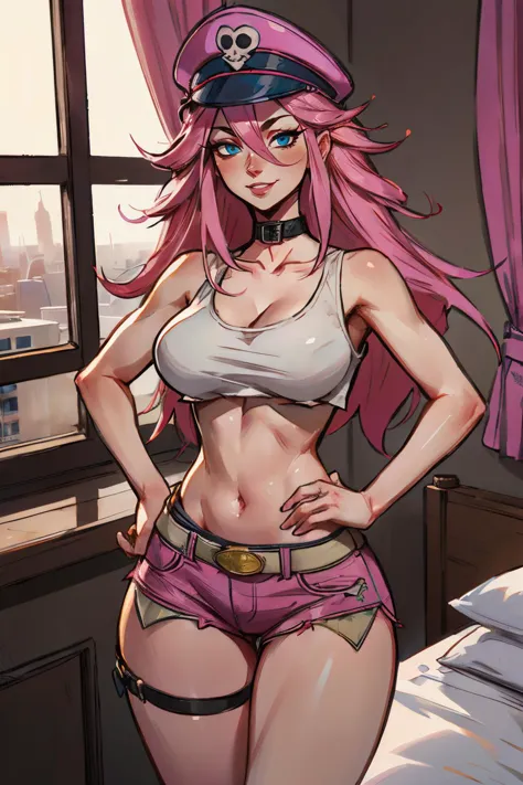 poison,long pink hair, blue eyes,white crop top, pink hat with skull, large breasts, single elbow glove, single thighhigh, collar, short shorts,looking at viewer, serious, seductive smile, standing, hands on hips, inside hotel room, window, cityscape, high quality, masterpiece, <lora:poisonSF5:.7>