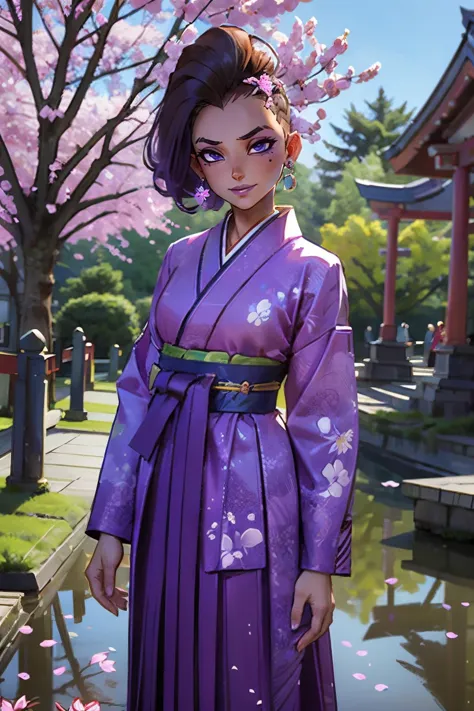 jyojifuku, furisode, hakama, floral print, hair ornament, outside, cherry blossoms, red torii, pond, sunny, high quality, masterpiece, <lora:jyoji fuku v16.0:.5> 
sombra, purple eyes, mole under eye, looking at viewer, serious, smirk, standing,  medium shot, <lora:owsombrav2p:.7>