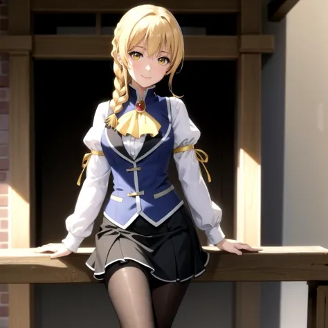 anime girl in uniform sitting on a wooden bench with her legs crossed