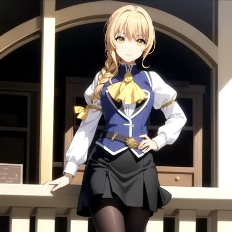 anime girl in uniform posing on balcony with hand on hips