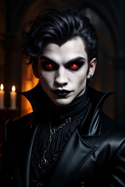 (masterpiece)+, portrait, (a sexy vampire 30yo male), smirks, looking at viewer, close, gothic, ultra realistic, blurry background, 8k