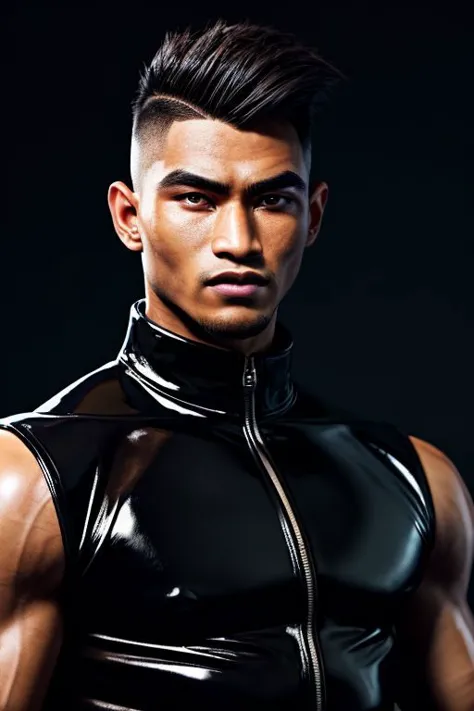 a man in a black leather outfit posing for a picture