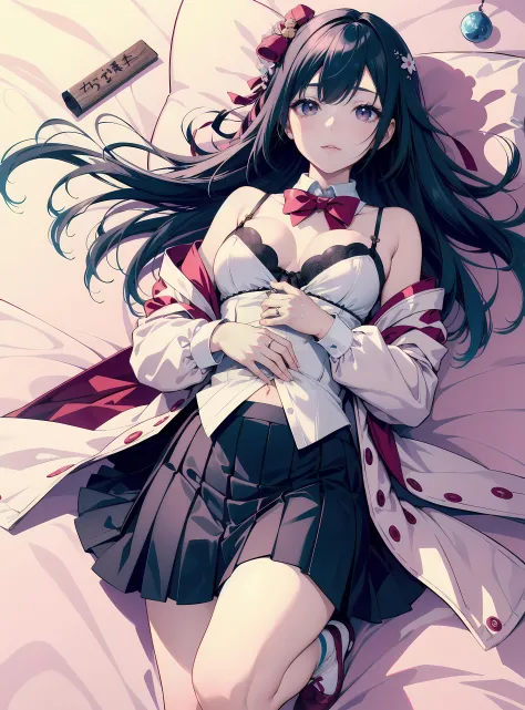 1girl, lying, solo, looking at viewer, long sleeves, pastel camisole, pleated skirt, bowtie, socks, eye capturing wind chimes, bridal hairstyle, fair skin, japanese behavior aesthetics.  visual novel style, first-rate female body, alluring eyes, long hair, warm palette colors, cleavage, thigh highs, cute, pixiv