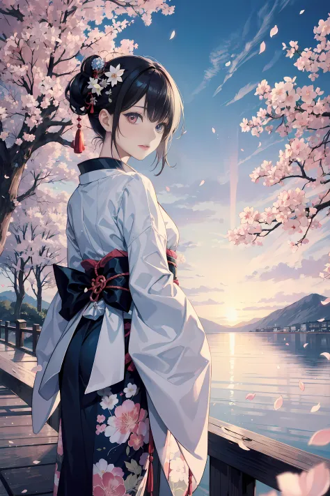 dreamlike scenery, japanese atmosphere, new year furisode, heterochromia, atmosphere of love, glowify, flying petals