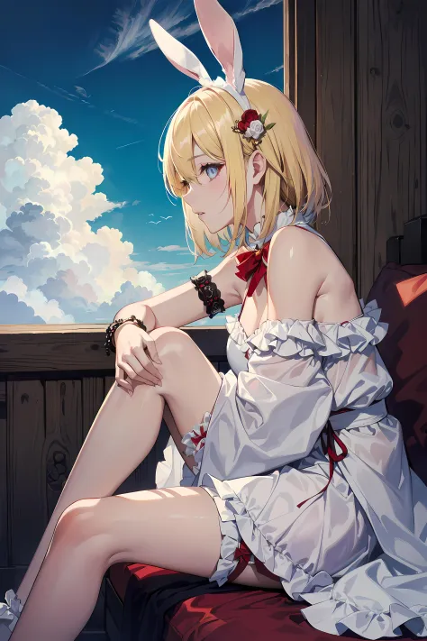 woman between the clouds and pillows, solo, wearing rabbit ears, white dress, ((frills)) and hair ornament ribbons and red bow t...