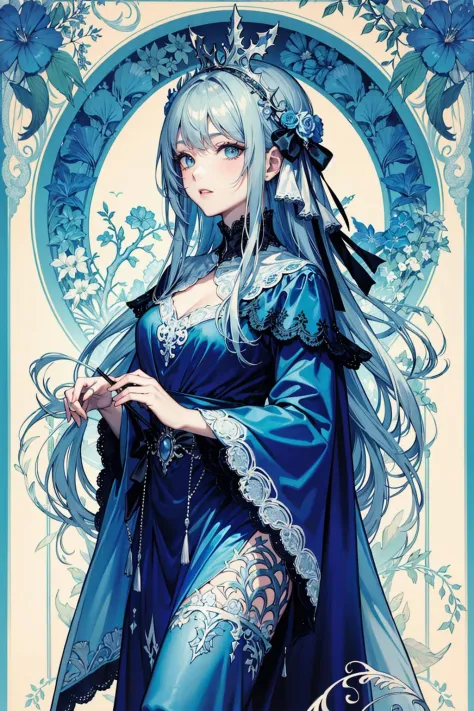 1 Woman, Long Blue Hair, Half Up, Blue Eyes, Intricate Dress, Lace, Silver Trim, (Art Nouveau)