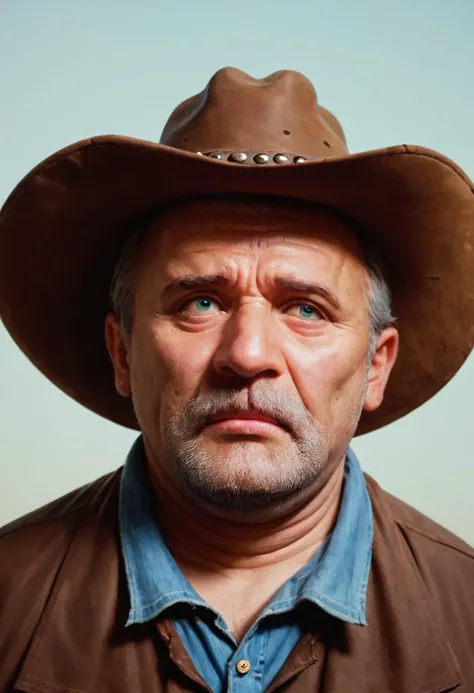 a close up of a man wearing a cowboy hat and a blue shirt