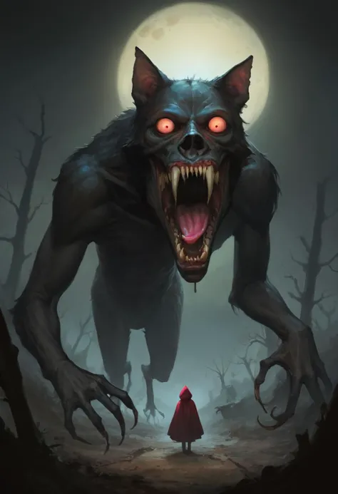 a woman in red riding a horse next to a werewolf