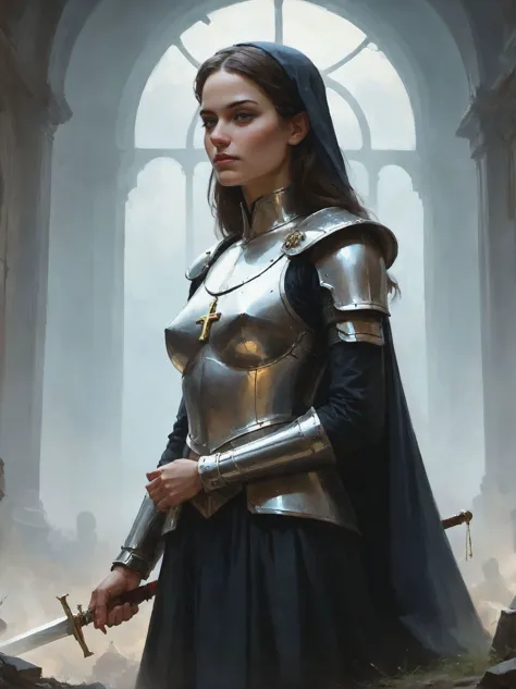 a woman in armor holding a sword in a castle