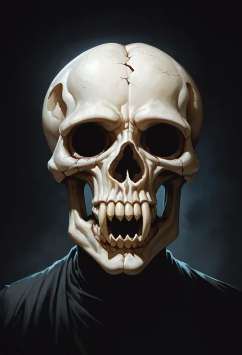 a close up of a skull with a black shirt on