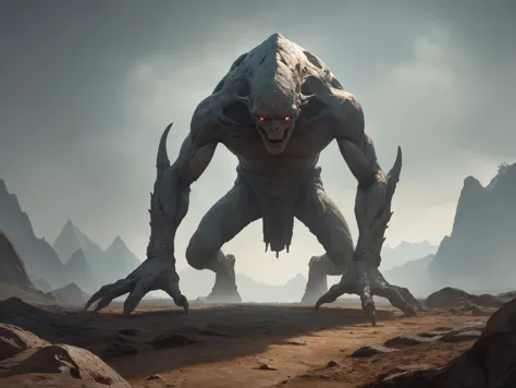 a close up of a monster on a rocky surface with mountains in the background