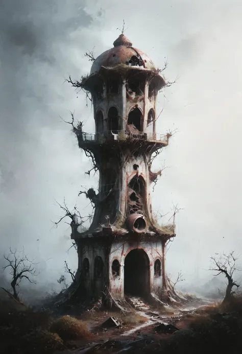 a painting of a tower with a clock on top of it