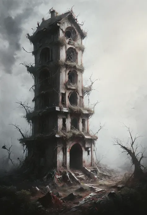 a painting of a tower with a clock on top of it