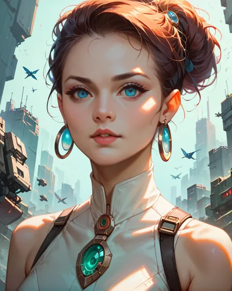 a woman with blue eyes and a necklace in a futuristic city