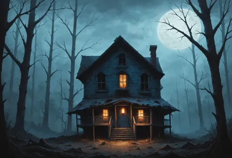 a house in the woods with a full moon in the background