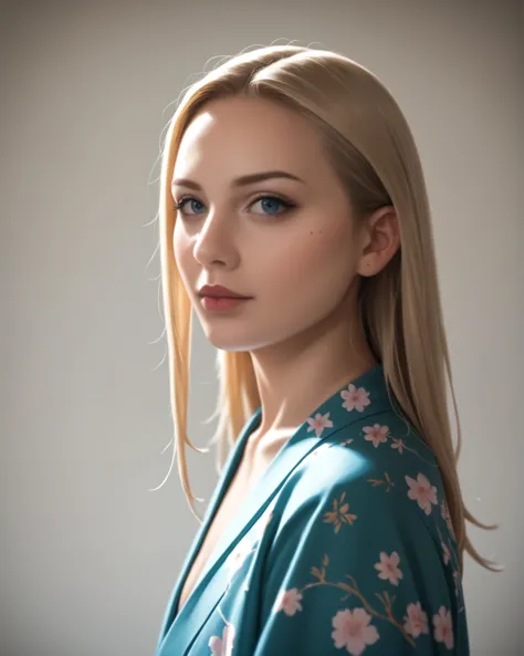 a woman with long blonde hair and blue eyes wearing a green robe