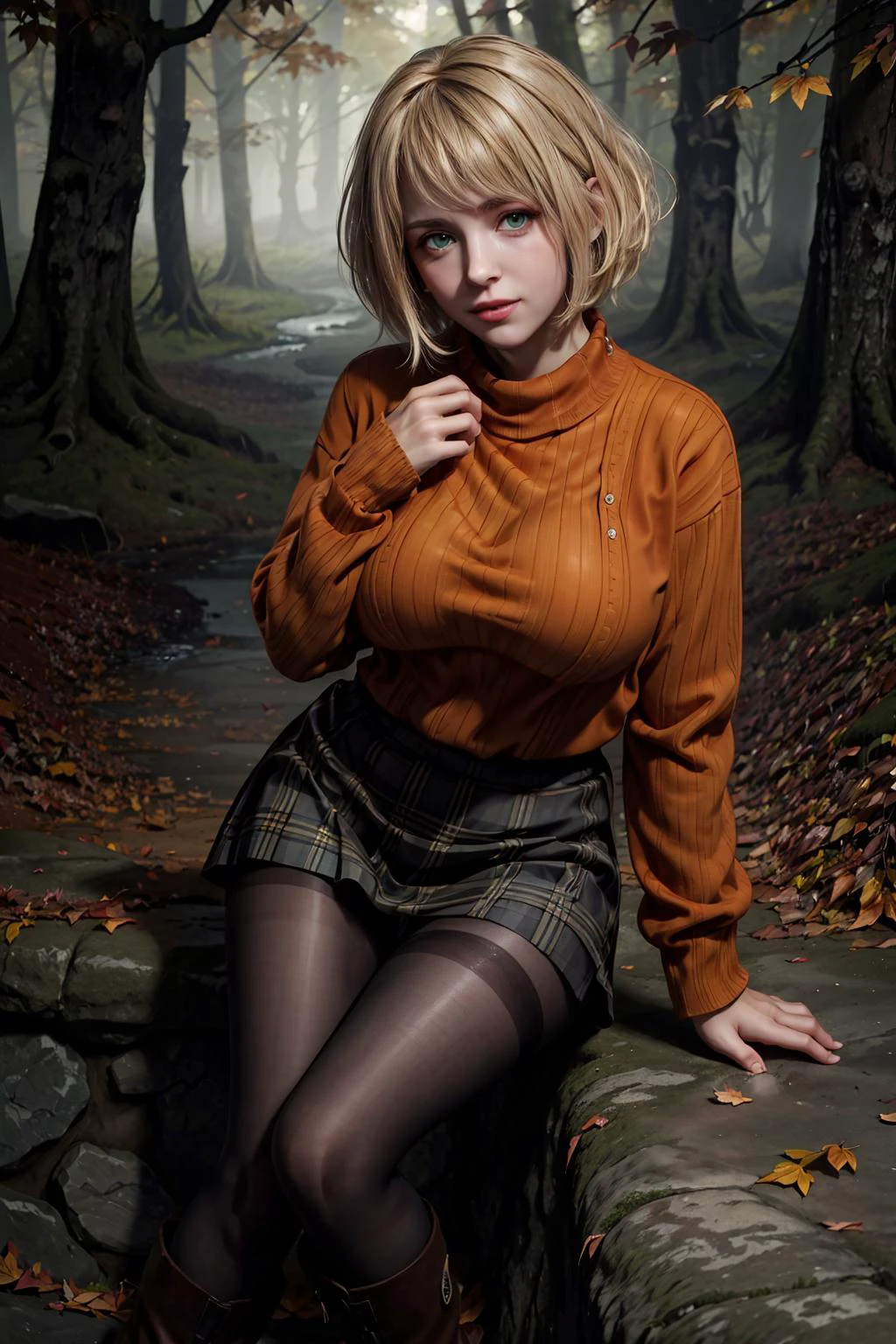masterpiece, K, f1.2, 800mm, UHD, dynamic lighting, volumetric fog,(RSEEmma:1.5), (blurry background, depth of field, focus on face), hourglass figure, medium breasts, green eyes, seductive smile, centerfold pose, 1girl, horror \(theme\), forest in autumn,(squeezing breasts, black plaid skirt, orange sweater,pantyhose, boots, short hair, green eyes), 