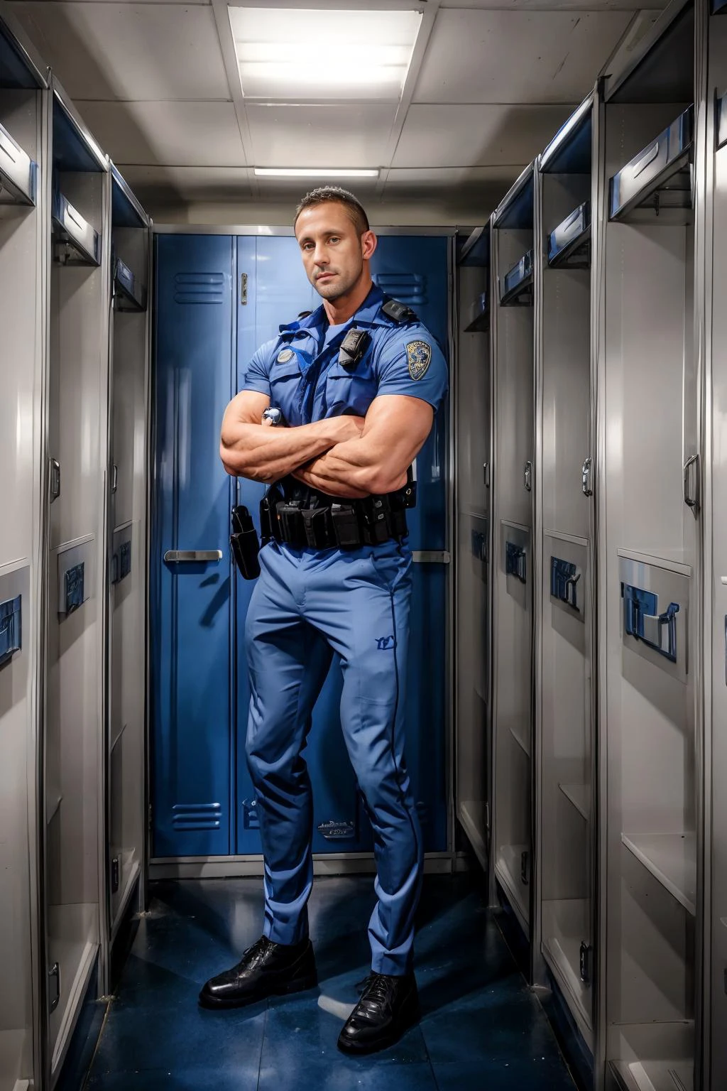 police station locker room, standing in front of a bay of lockers, MylesLandon, blue-color, (((full body portrait))), wide angle 