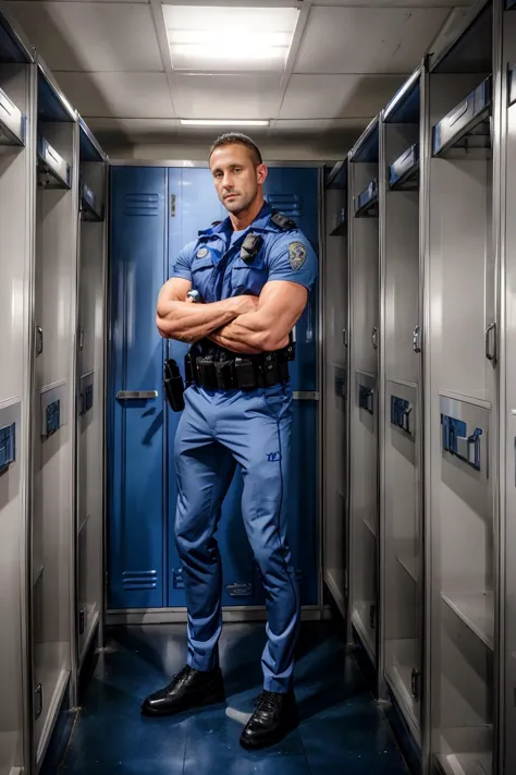 police station locker room, standing in front of a bay of lockers, MylesLandon, blue-color, (((full body portrait))), wide angle...