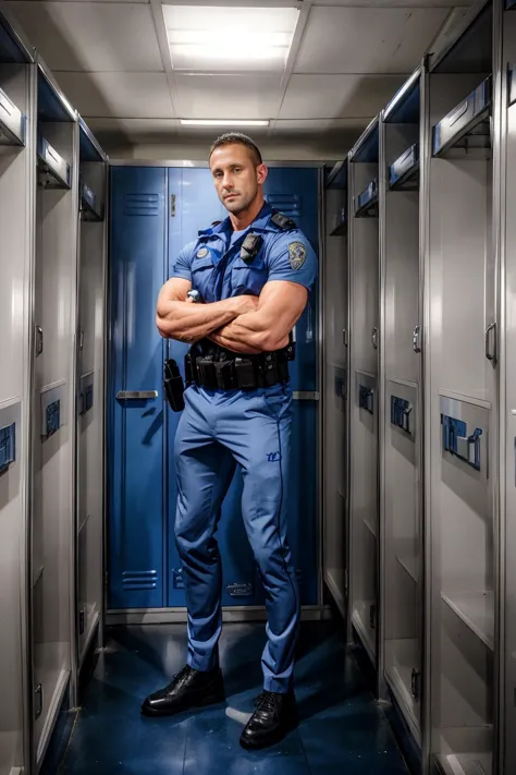 arafed male police officer standing in a hallway with his arms crossed