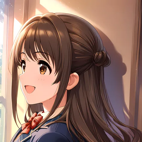 (masterpiece),(best quality),(ultra-detailed),(best illustration),(best shadow),(absurdres),(detailed background),(very aesthetic),uzuki shimamura, defaultoutfit, 1girl, solo, long hair, brown hair, brown eyes, school uniform, open mouth, smile, jacket, blazer, portrait <lora:uzukishimamurav1:1>