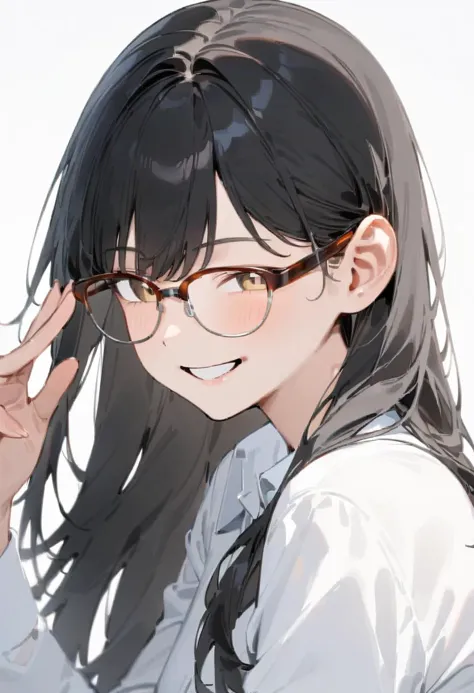 anime girl with glasses and long hair wearing a white shirt