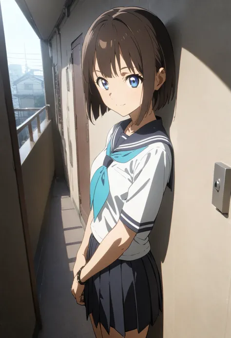 1girl, original, (solo:1.1), standing, , against wall, from side, cowboy shot, athletic, medium breasts, intricate dark brown hair, blue eyes, (bob cut:1.1), (short hair:1.1), (blunt ends:1.3), blunt bangs, left swept bangs, futuristic black bracelet on right wrist,  smile, serafuku, white sailor shirt, dark blue pleated skirt, dark blue sailor collar, aqua neckerchief, short sleeves, detailed ultra photorealistic rouka, hallway, scenery, door, window, building, outdoors, Tokyo, noon, cinematic lighting, great lighting, detailed shadows, detailed body, anime artwork, anime style, key visual, vibrant, studio anime, highly detailed, newest, late, anime coloring, masterpiece, best quality, very aesthetic, absurdres,  <lora:Perfect Hands v2:1>  <lora:great_lighting:4>  <lora:noribsXL_001_4:1> <lora:Difference_AnimeFace:1>,  <lora:JProuka_apartment_hallway_SDXL_V1:1.0>