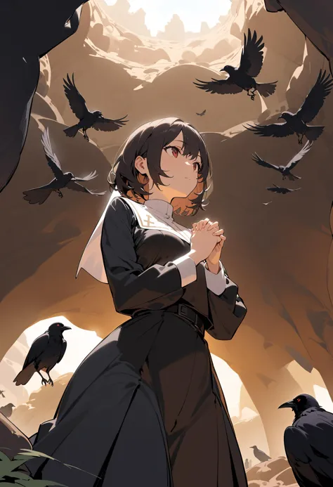 anime girl in a black dress standing in front of a group of crows