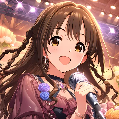 anime girl with long hair holding a microphone in front of a stage