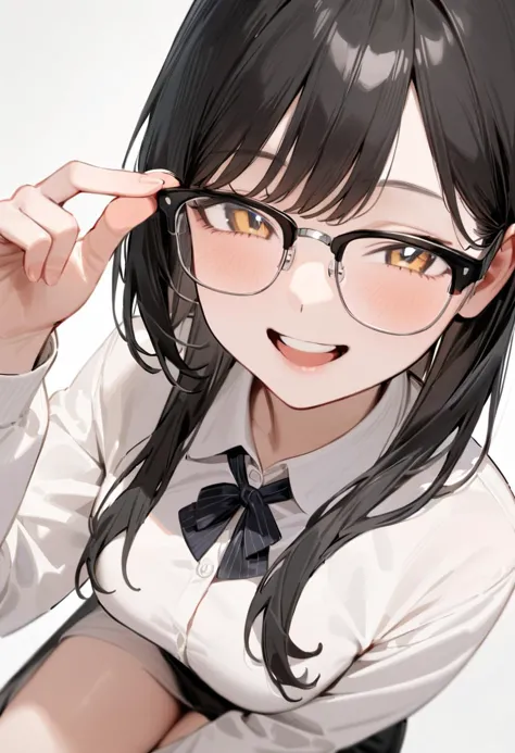 anime girl with glasses and a bow tie posing for a picture