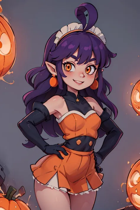 ((masterpiece,best quality)), absurdres,
<lora:Stardust_Pumpkins_Citron_OC_Anime:0.8>, Stardust_Pumpkins_Citron_OC, 
1girl, solo, long purple hair,  orange eyes, ahoge, pointy ears, orange dress, elbow gloves, bare shoulders, maid headdress, jewelry, earrings, 
solo, smiling, looking at viewer, cowboy shot, 
cinematic composition, hands on hips, contrapposto,